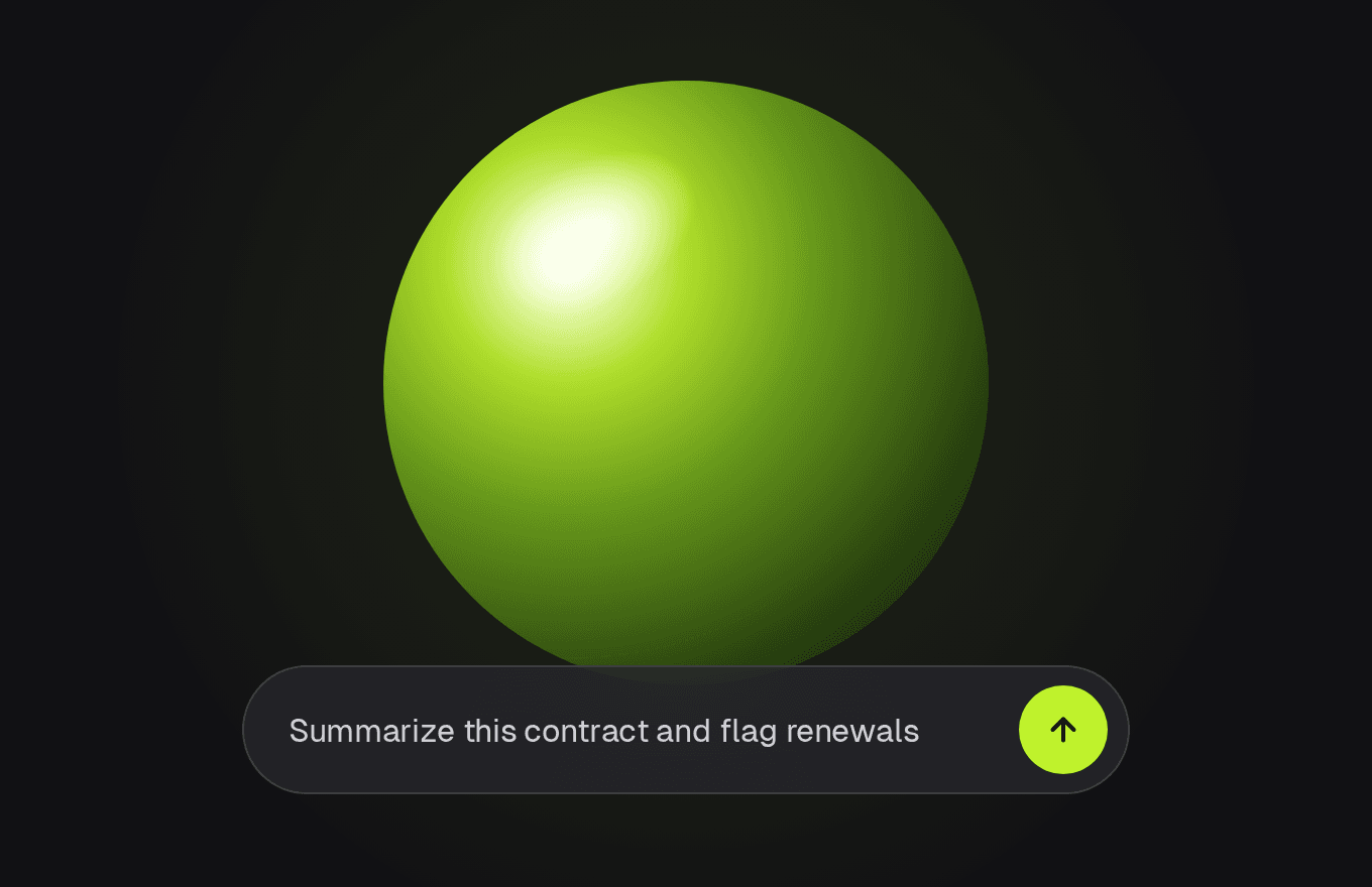 A glowing lime orb above an assistant prompt field